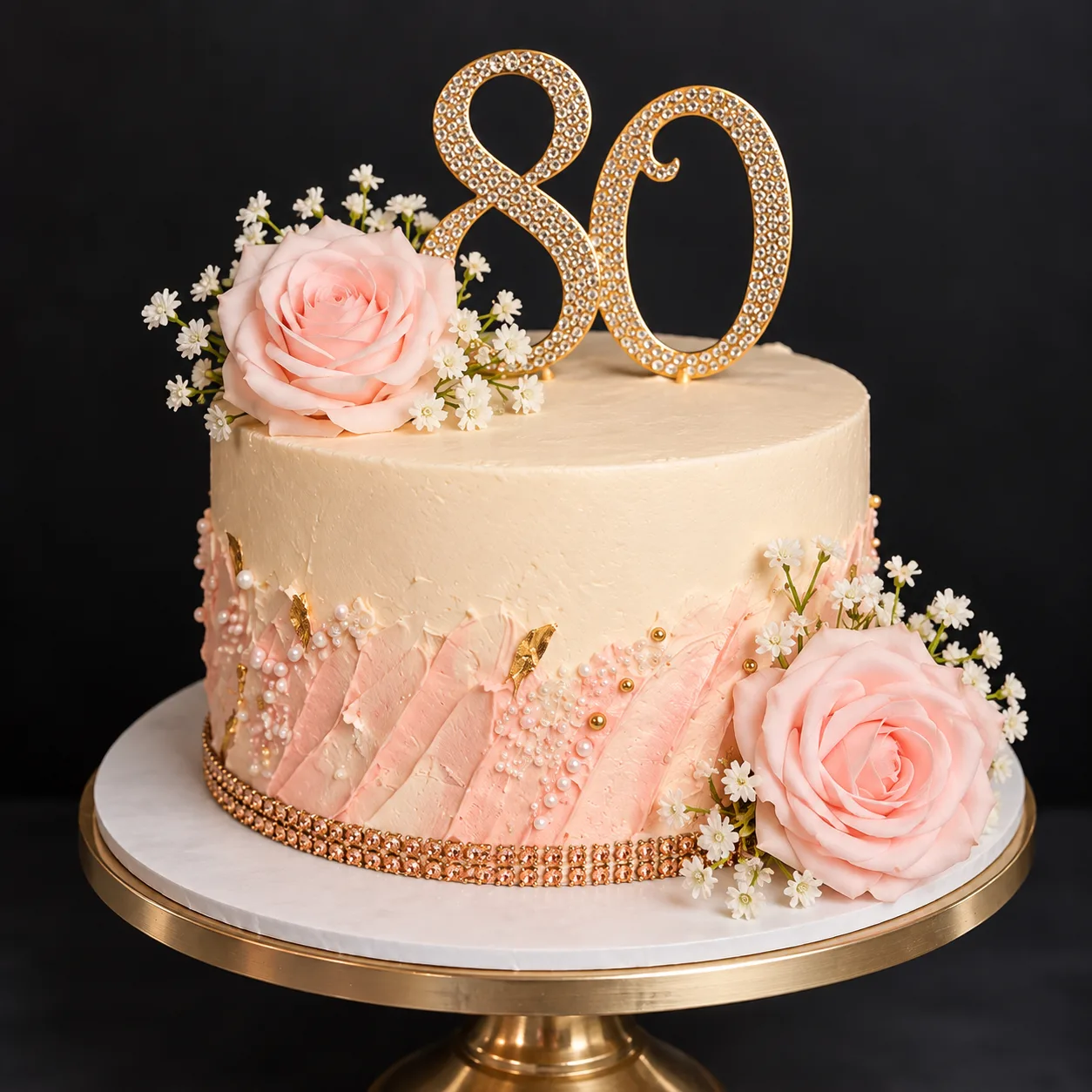 Cream and blush buttercream celebration cake with gold pearl accents, fresh pink roses, and a rhinestone 80 topper on a gold cake stand.
