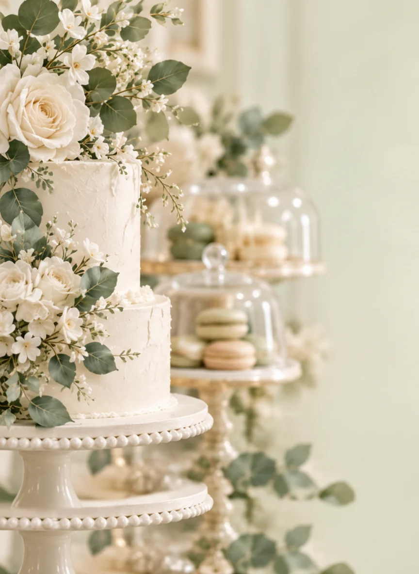 Tiered white celebration cake with roses, hydrangeas and eucalyptus, painted in the Sweet-Treats Bakery style