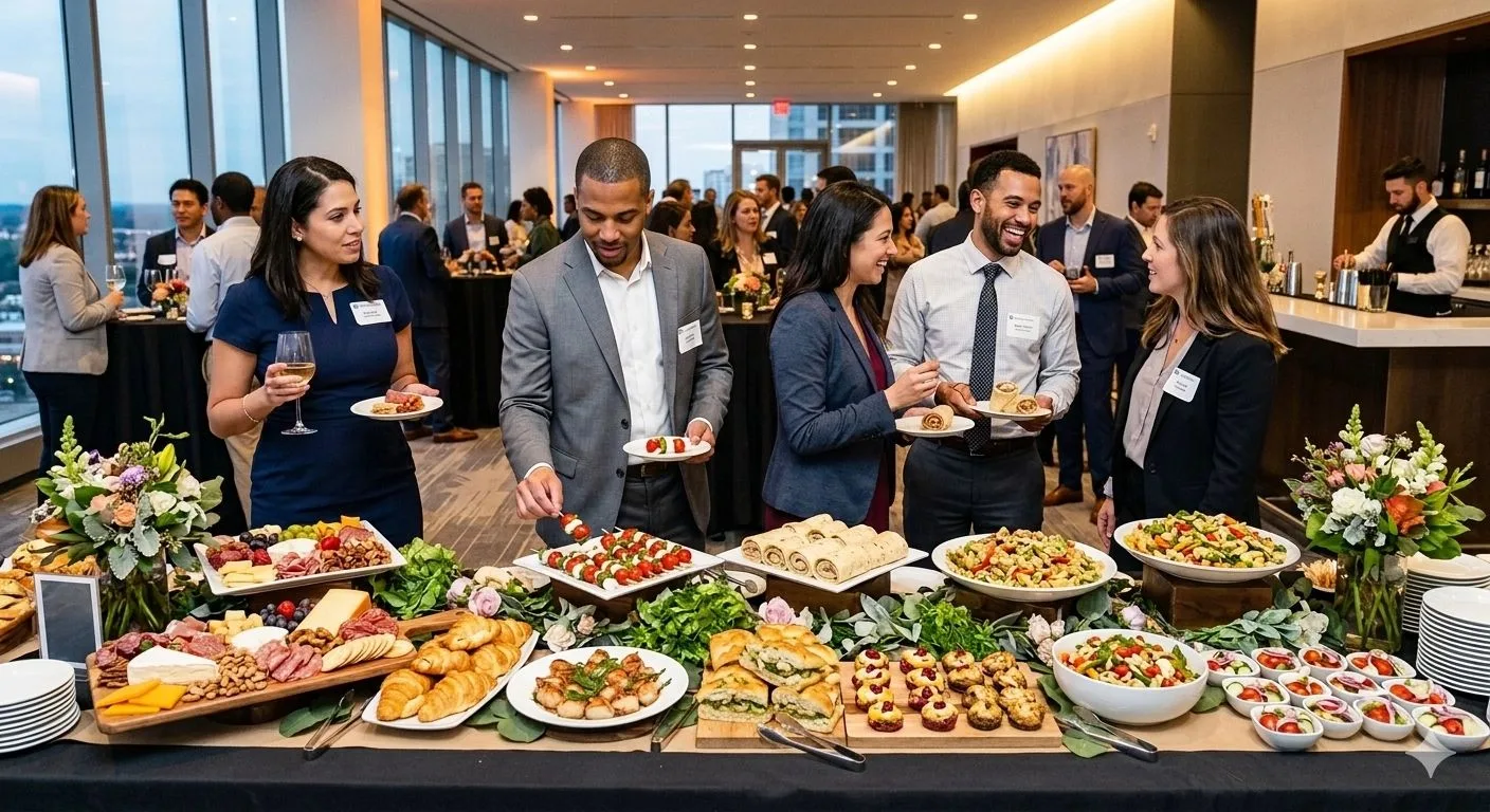 A catered event with well-dressed guests gathered around a long table laden with charcuterie boards, wraps, salads, and assorted appetizers.