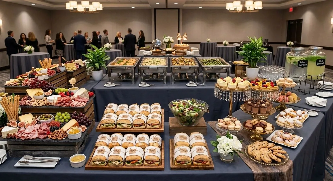 A buffet table holds wooden crates containing meats, cheeses, and fruit beside rows of wrapped sliders.