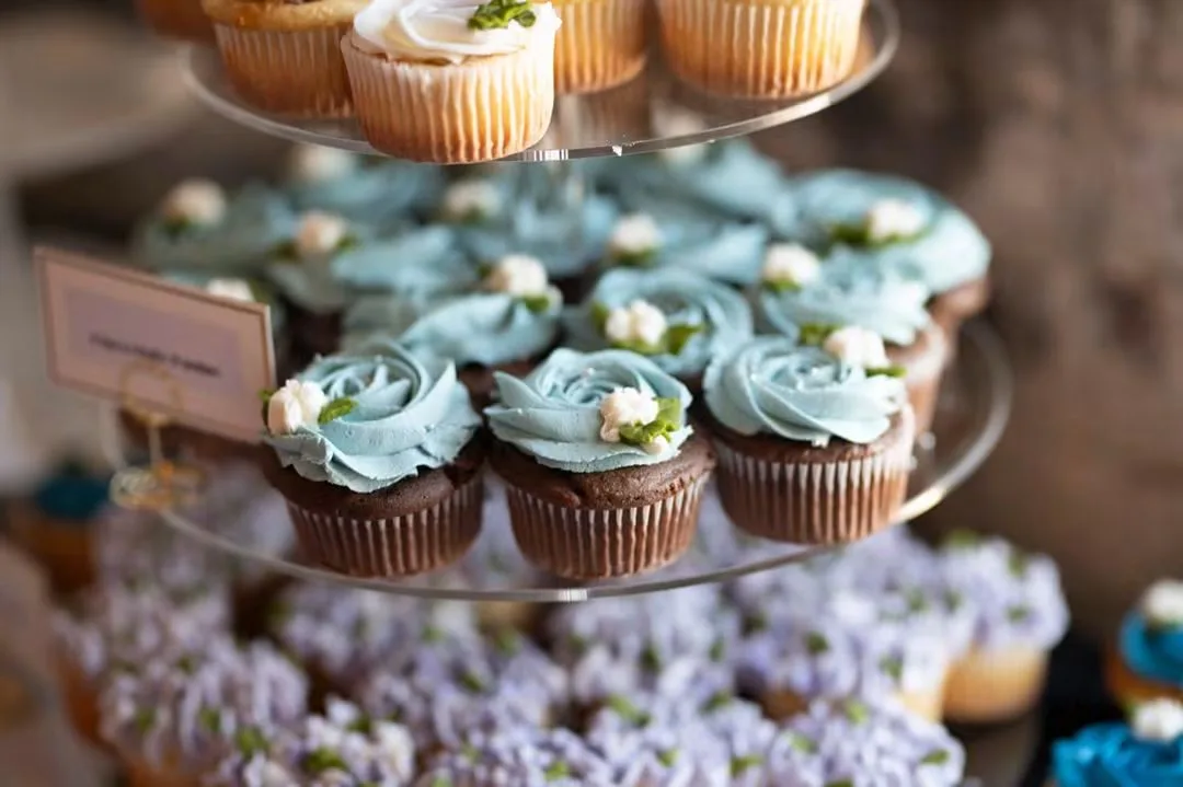 Chocolate cupcakes with pale blue buttercream roses and white piped blossoms on a tiered stand, with lavender cupcakes below.