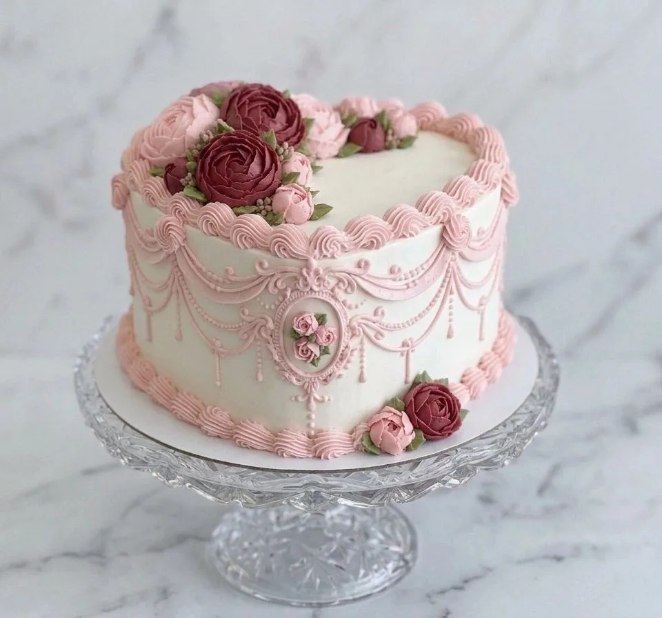Heart-shaped white cake with ornate pink piping and burgundy roses displayed on a crystal cake stand.