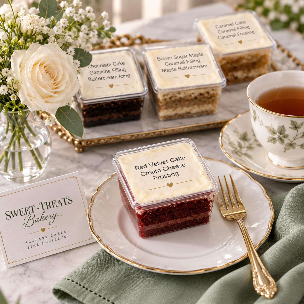 Cake tasting samples from Sweet-Treats Bakery displayed on a table with tea and fresh flowers