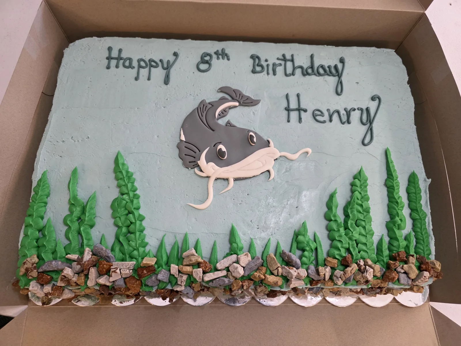 Rectangular sheet cake with light blue frosting featuring a gray and white fondant catfish, green seaweed, and multicolored pebbles along the bottom edge.
