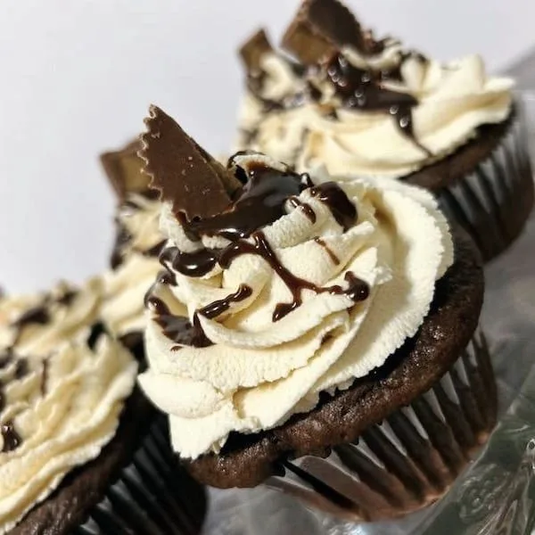Chocolate cupcakes topped with swirled cream frosting, chocolate drizzle, and chocolate pieces.