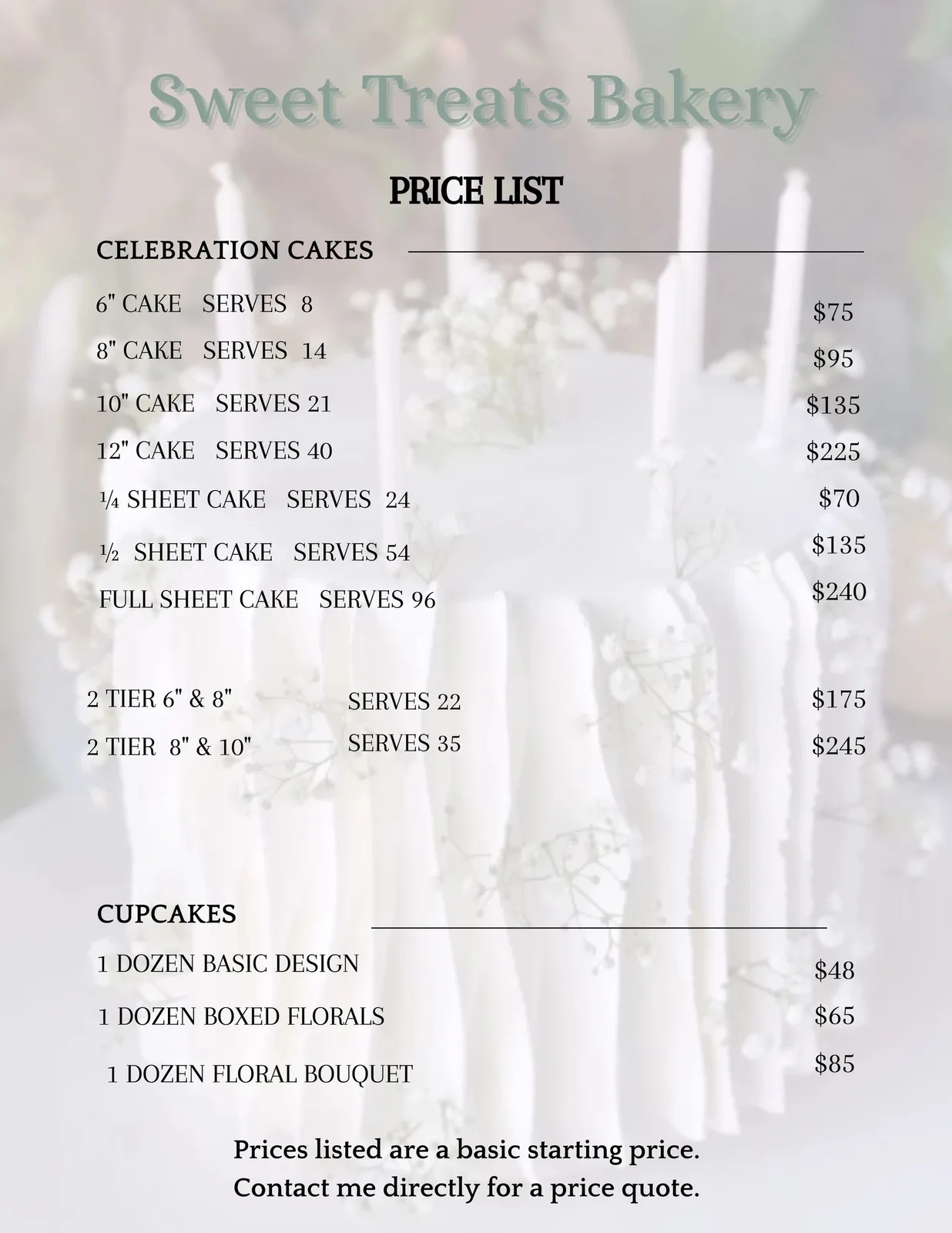 Sweet-Treats Bakery celebration cake price list, from a 6 inch cake serving 8 up to a full sheet serving 96, plus cupcakes by the dozen.