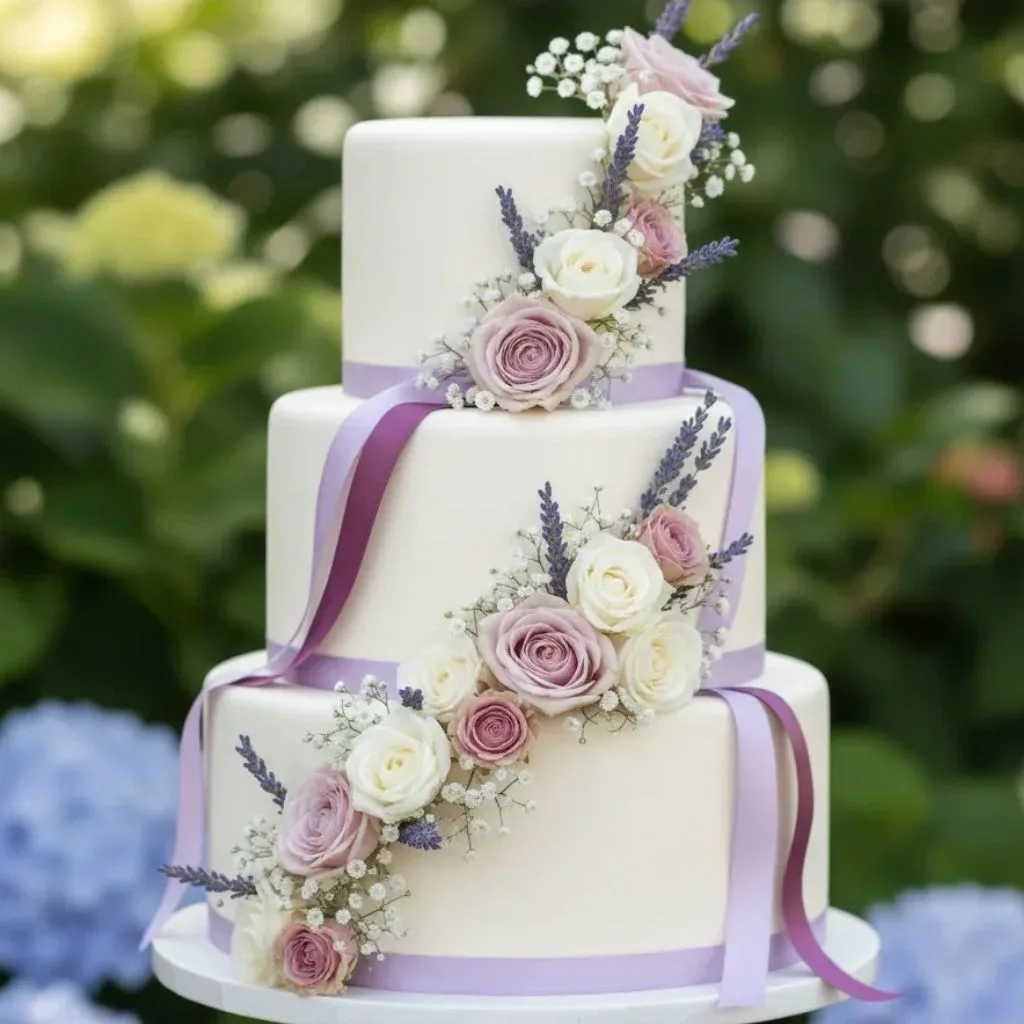 Three-tier white cake with purple ribbons, lavender sprigs, and white and mauve roses set against a blurred garden.