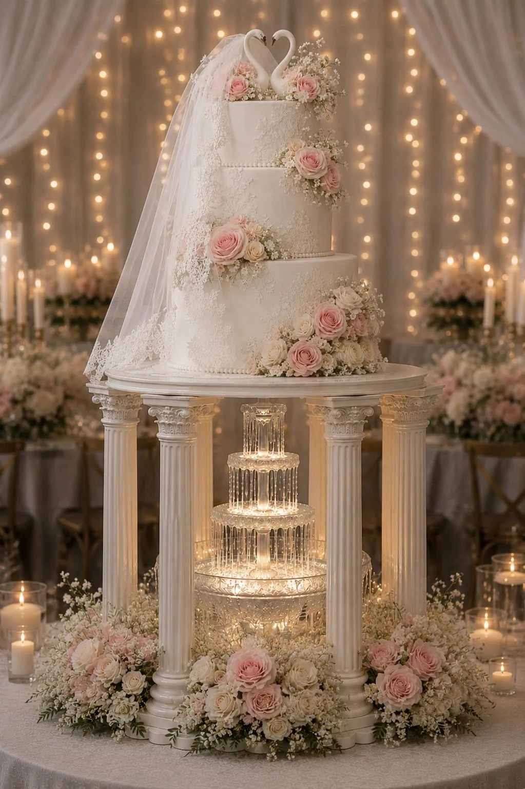 Four-tier white cake with lace, pink roses, a sheer veil, and swans on top, displayed on a columned stand.