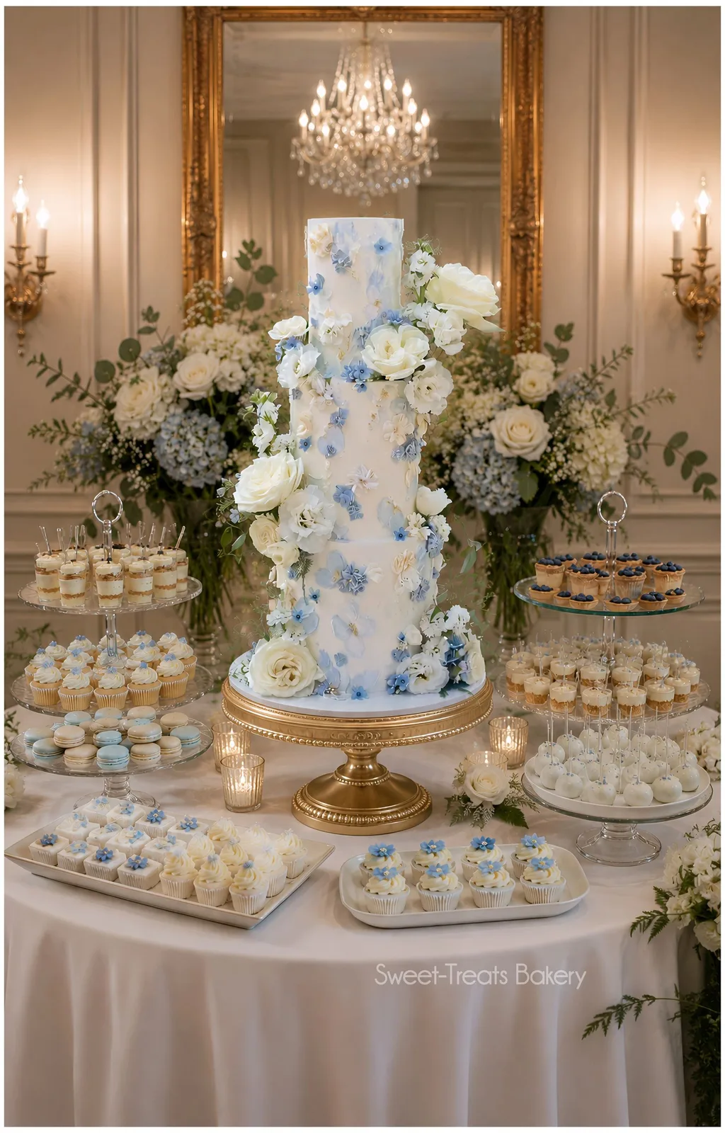 Multi-tier white cake with blue and white sugar flowers on a gold stand, surrounded by cupcakes, macarons, and dessert trays in front of a mirror.