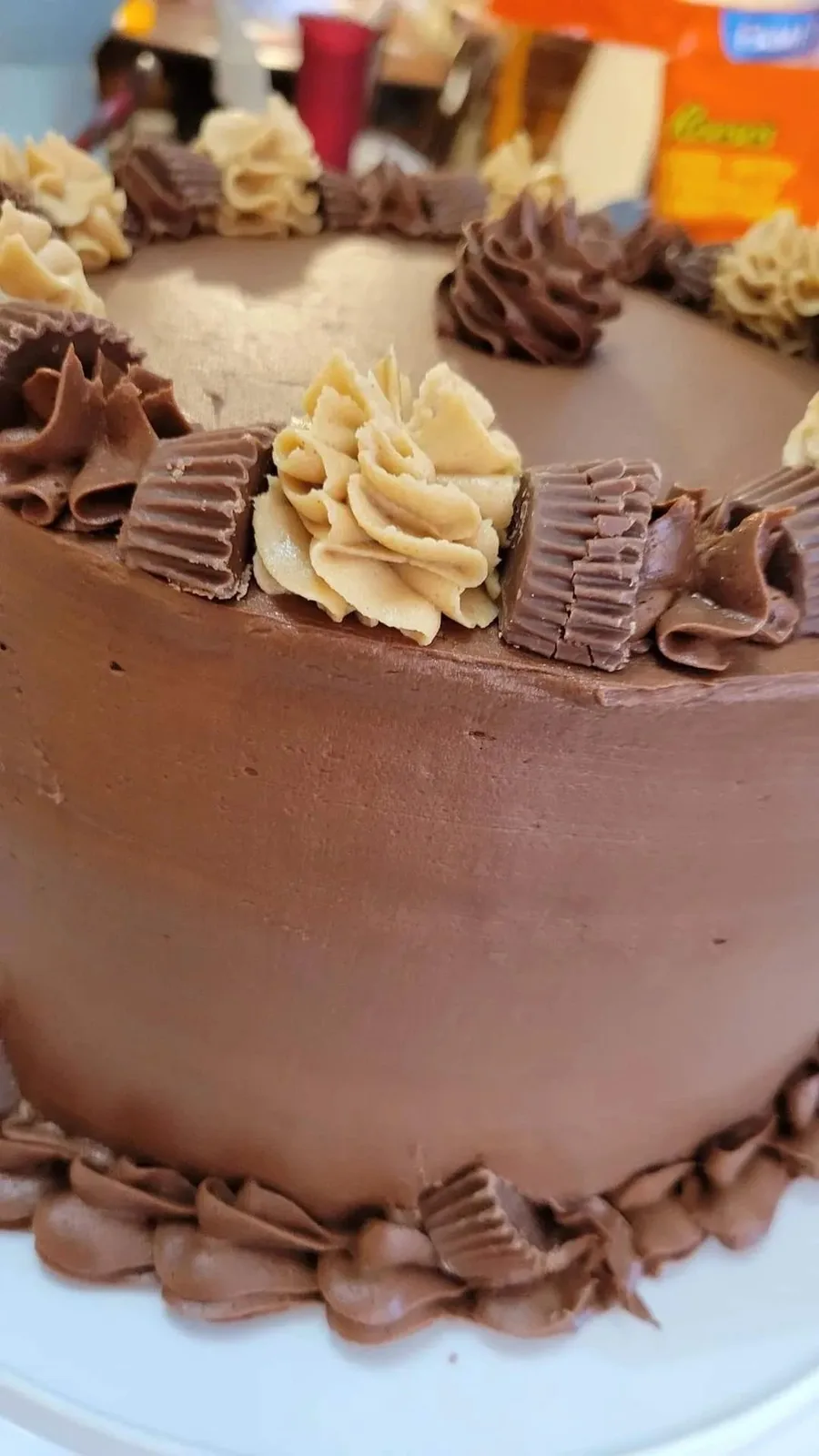 Chocolate frosted cake with piped rosettes of dark and light frosting, topped with peanut butter cups.