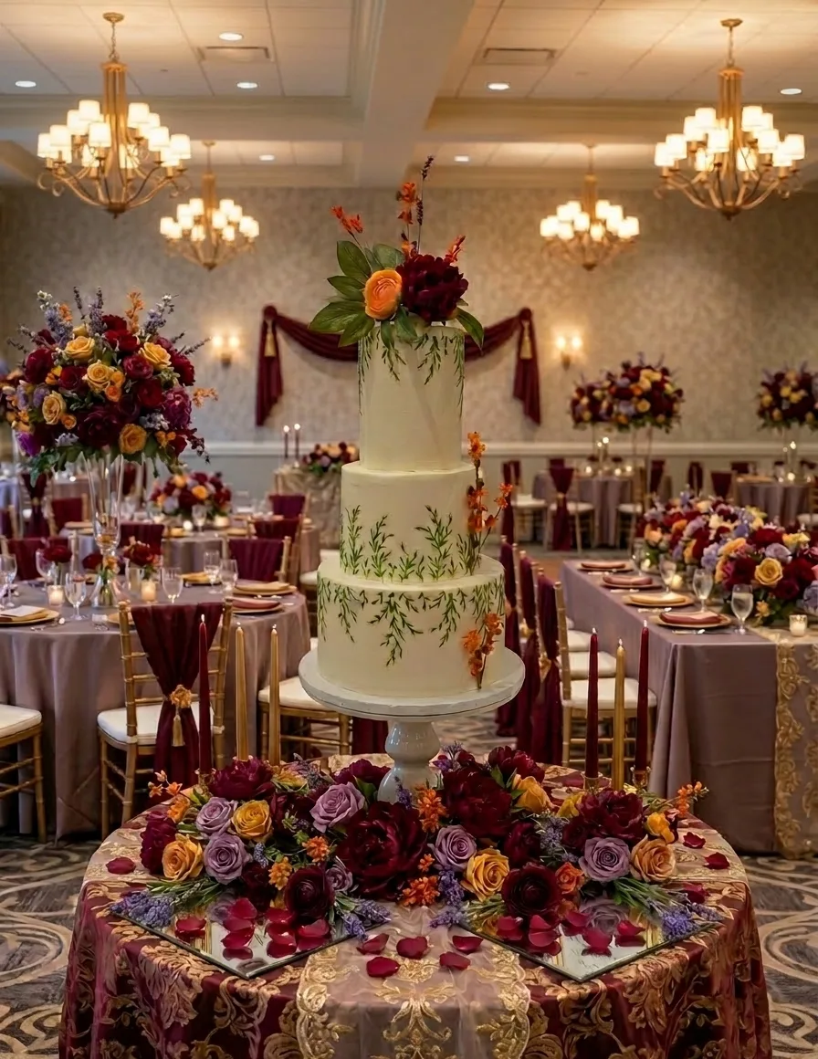 Tall four tier white wedding cake decorated with hand painted green vine details, topped with orange and burgundy flowers and cascading orange orchids, displayed on a mirror and floral base.
