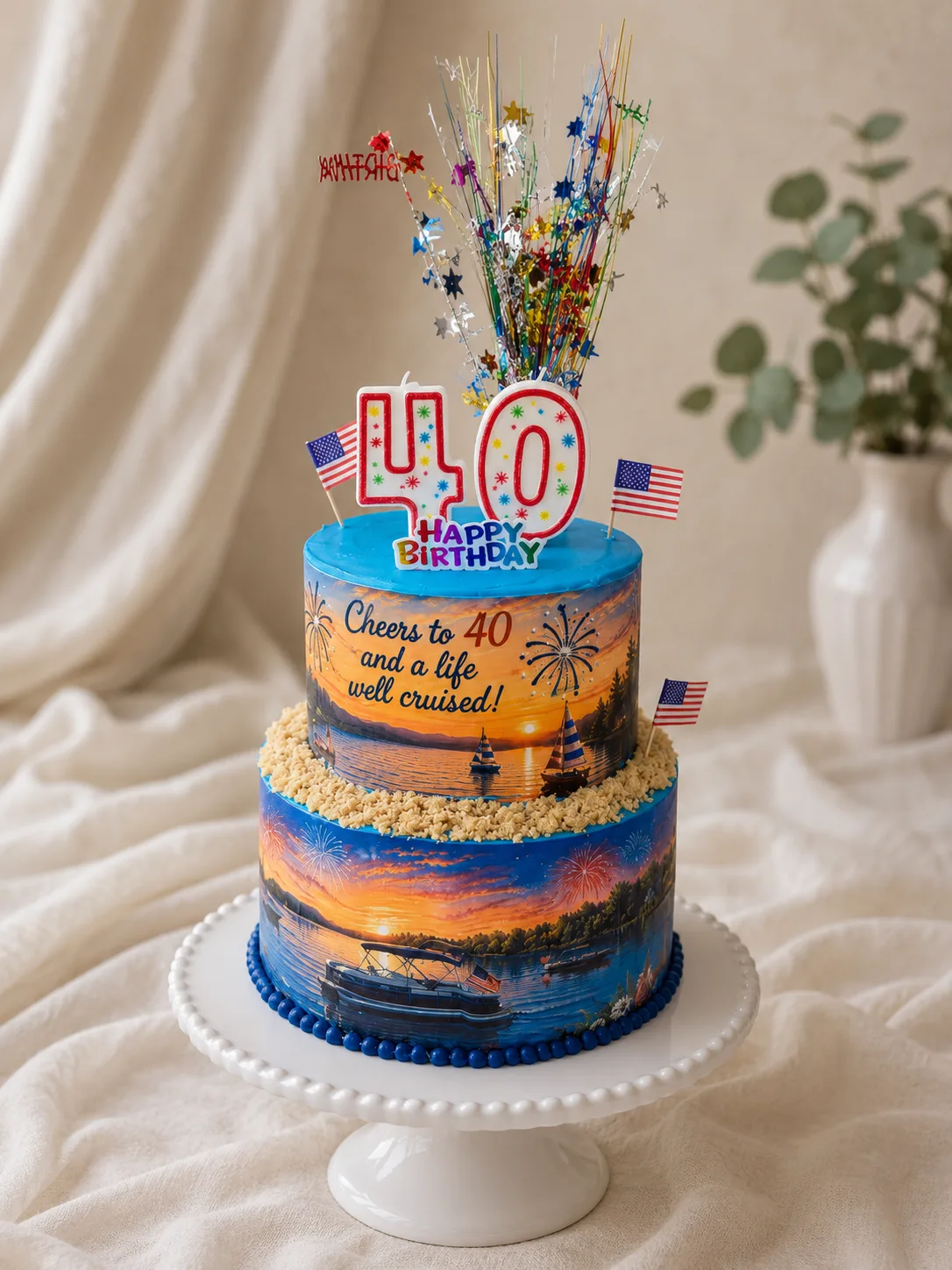 Two tier cake with sunset sailboat and fireworks scene, blue fondant top, American flag accents, star spray topper, and a number 40 candle.