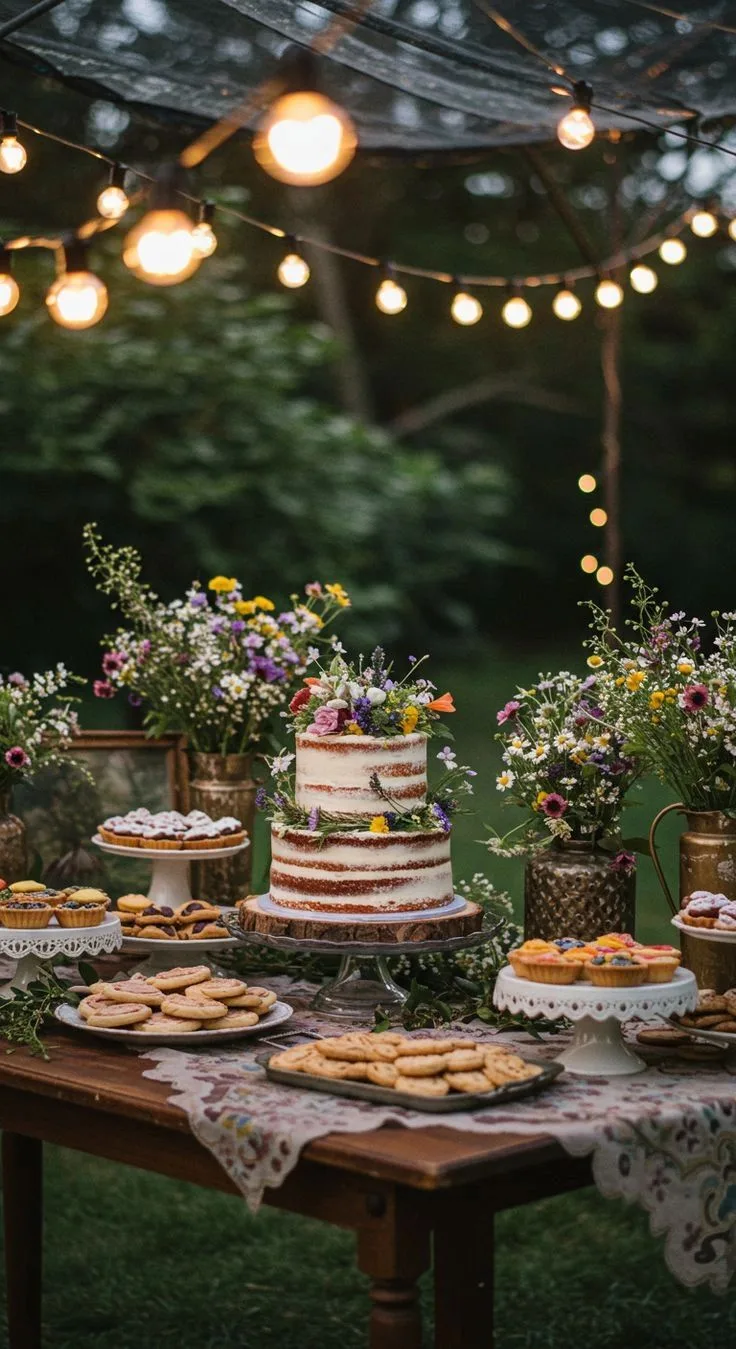 Two-tier naked cake topped with wildflowers surrounded by cookie platters, tarts, and floral arrangements on a wooden table under string lights.