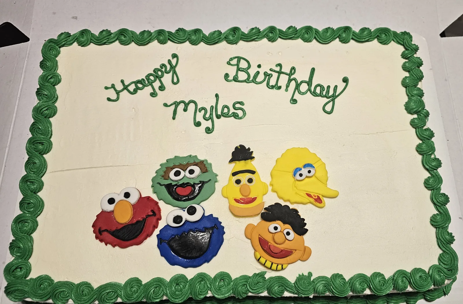 White sheet cake with green piped rosette borders and hand painted fondant faces of Elmo, Cookie Monster, Oscar, Bert, Big Bird, and Ernie.