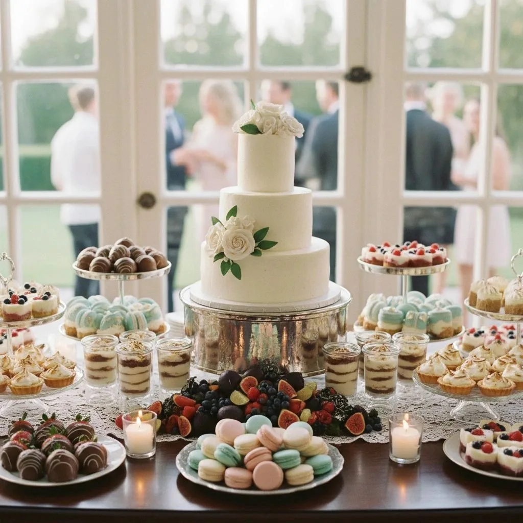 Three-tier white wedding cake with white roses surrounded by macarons, fruit tarts, parfaits, and a platter of figs and berries.