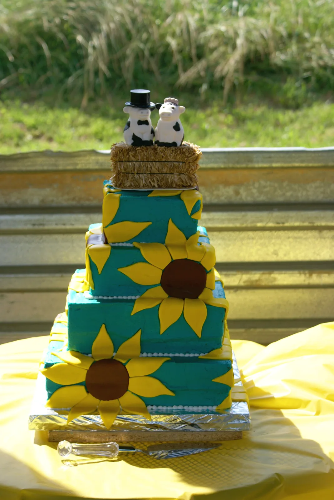 Three tiered square cake in teal fondant decorated with large yellow sunflowers and topped with cow figurines wearing a top hat seated on hay bales.