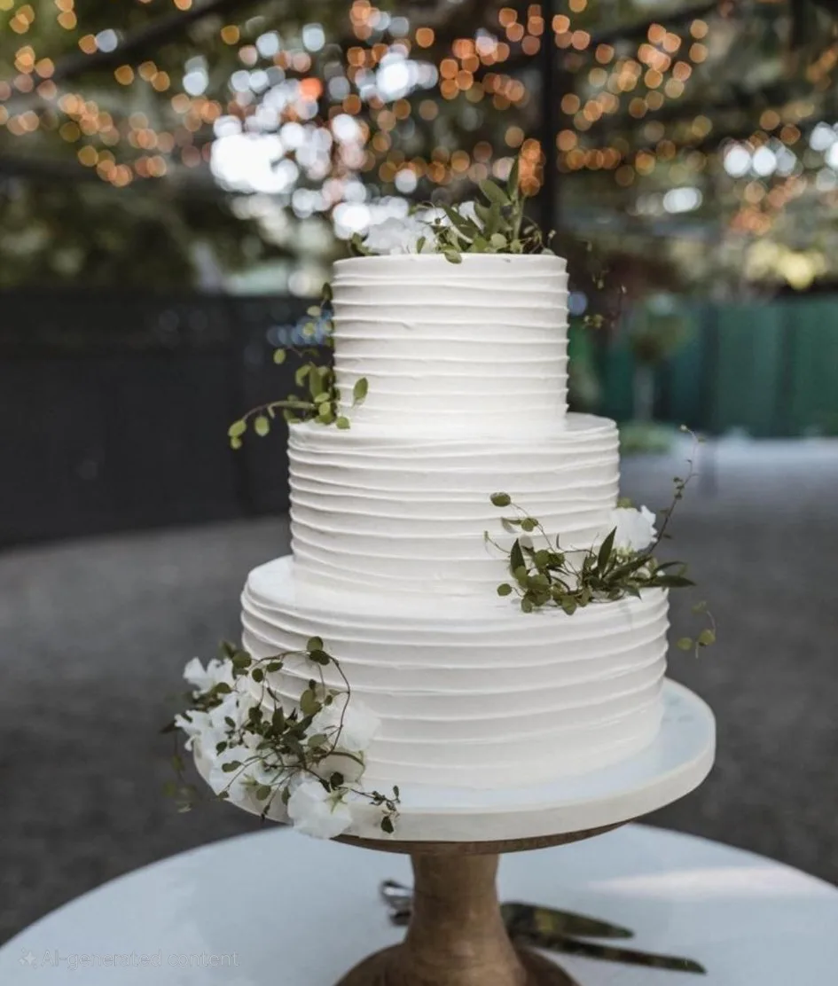 Three tiered white wedding cake with textured horizontal ridges, adorned with white flowers and trailing green leafy vines on a wooden stand.