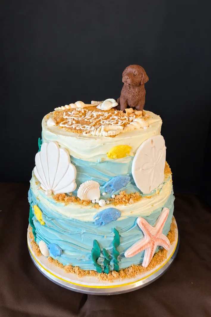 Two tier beach themed cake with blue buttercream waves, fondant seashells, a starfish, sand dollar and a chocolate puppy on top.